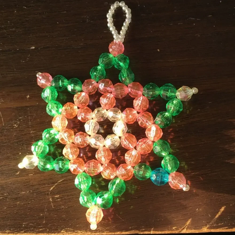 Vintage beaded Christmas star - handmade Christmas ornament, green and pink